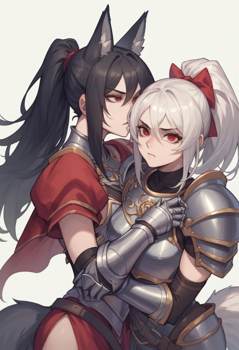 two beautiful sisters with canine like features wearing ebony knight armor, crimson eyes, one sister has black hair and the other sister has white hair, light novel art, wolf tail, wolf ears, clawed gauntlets, sexy but intimidating, bdsm, ponytail, feral