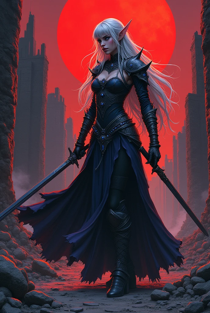 (super detailed faces, averted eyes, fantasy illustrations with gothic, ukiyoe, and comic art, rich colors), BREAK (this is a "city of ashes" in ruins. It was once a medieval European-style fortified city. Red moonlight illuminates the ruined earth); BREAK (Dark Elf: middle-aged Dark Elf woman with silver hair, blunt bangs, very long messy hair, dark purple skin, and lavender eyes); BREAK (Dark Elf female warrior wearing blue jeweled hair ornament and copper armor); , BREAK (female dark elf warrior  in red moonlight) BREAK (female dark elf warrior holds slender long sword at an angle, roars and swings the sword sideways), 