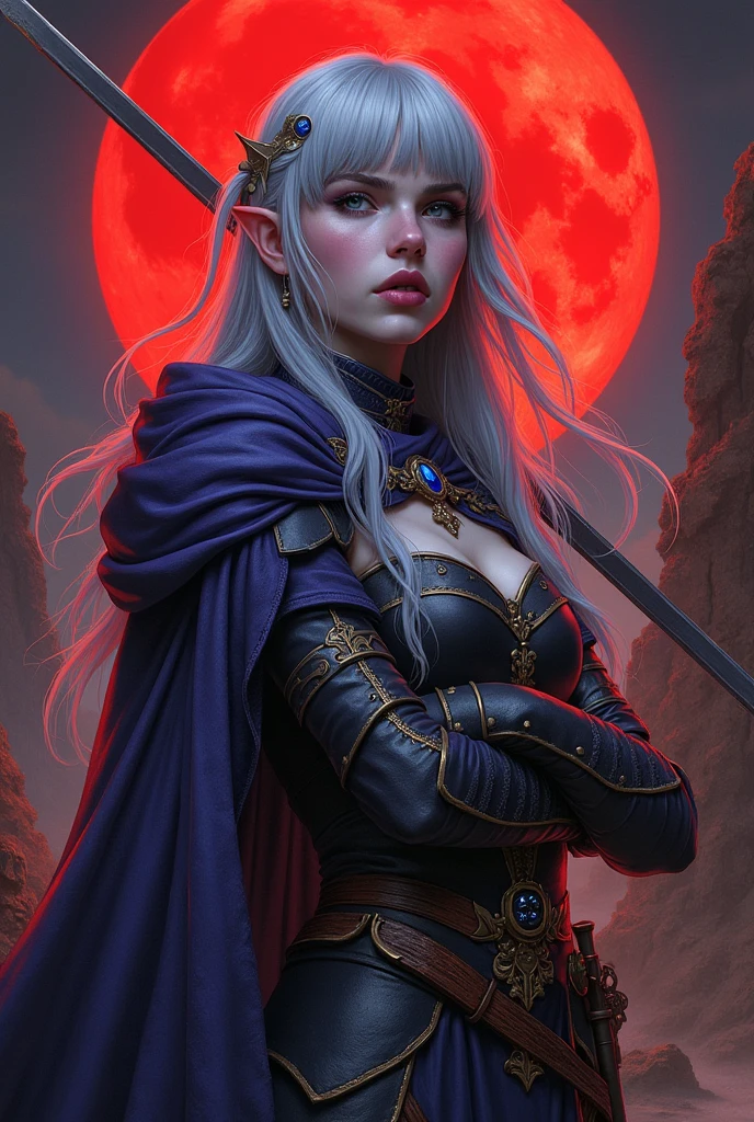 (super detailed faces, averted eyes, fantasy illustrations with gothic, ukiyoe, and comic art, rich colors), BREAK (this is a "city of ashes" in ruins. It was once a medieval European-style fortified city. Red moonlight illuminates the ruined earth); BREAK (Dark Elf: middle-aged Dark Elf woman with silver hair, blunt bangs, very long messy hair, dark purple skin, and lavender eyes); BREAK (Dark Elf female warrior wearing blue jeweled hair ornament and copper armor); , BREAK (female dark elf warrior in red moonlight) BREAK (female dark elf warrior holds slender long sword at an angle, roars and swings the sword sideways),