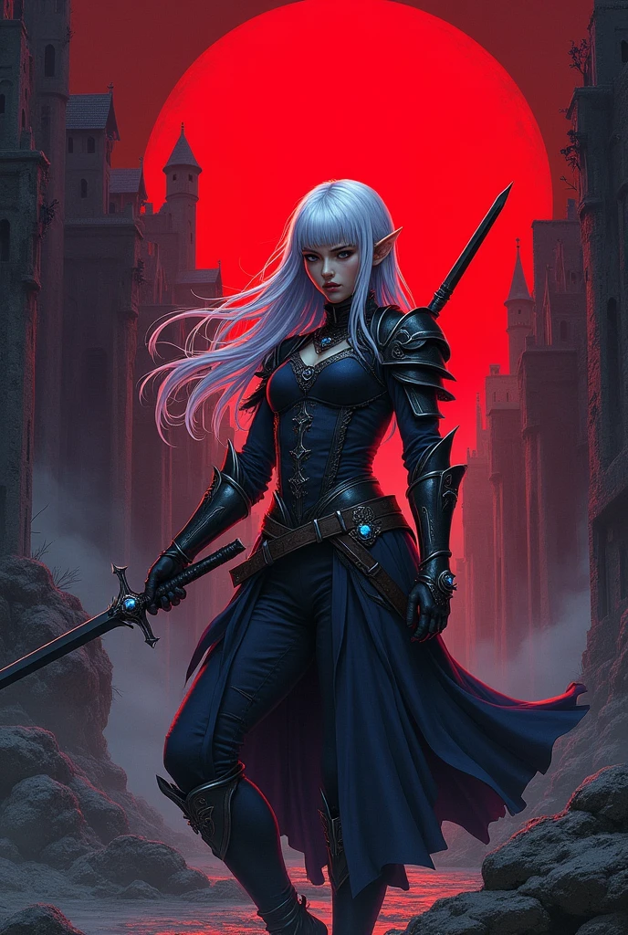 (super detailed faces, averted eyes, fantasy illustrations with gothic, ukiyoe, and comic art, rich colors), BREAK (this is a "city of ashes" in ruins. It was once a medieval European-style fortified city. Red moonlight illuminates the ruined earth); BREAK (Dark Elf: middle-aged Dark Elf woman with silver hair, blunt bangs, very long messy hair, dark purple skin, and lavender eyes); BREAK (Dark Elf female warrior wearing blue jeweled hair ornament and copper armor); , BREAK (female dark elf warrior in red moonlight) BREAK (female dark elf warrior holds slender long sword at an angle, roars and swings the sword sideways),