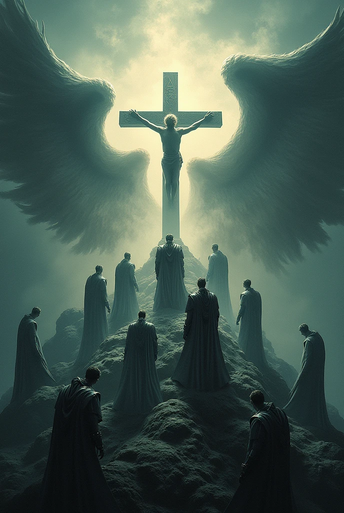 (photorealism:1.2), an artistic book cover for a fantasy world, with a christian theme with the cross, the title written on the book is "In The Shadows Of The Almighty", add pictures of angels fighting demons and everything else.