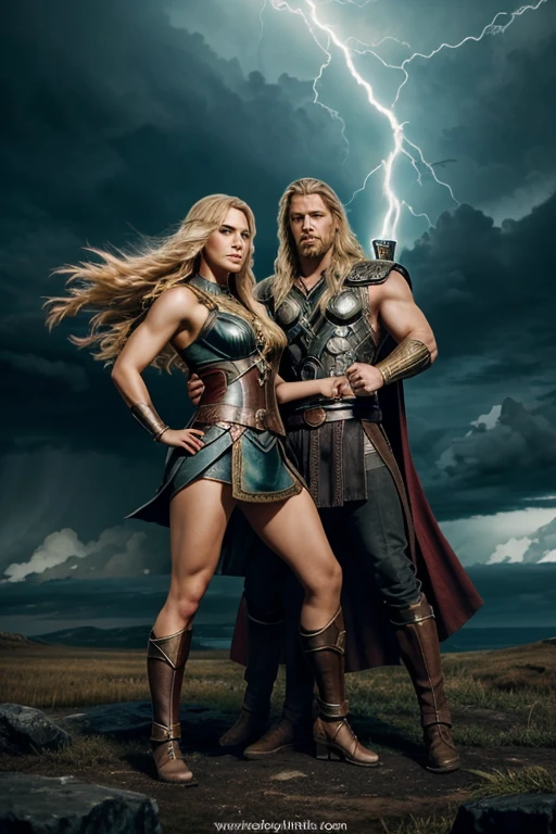 "A powerful Norse god, Thor, stands with his mighty hammer Mjölnir, facing the elegant goddess Sif. Thor is depicted with muscular build, lightning crackling around him, and Mjölnir glowing. Sif, with flowing golden hair symbolizing crops, stands gracefully with an aura of earth and fertility. The background is a blend of stormy skies and lush fields, representing their domains. The two stand in a dramatic, intense, yet harmonious pose, suggesting a complex relationship."