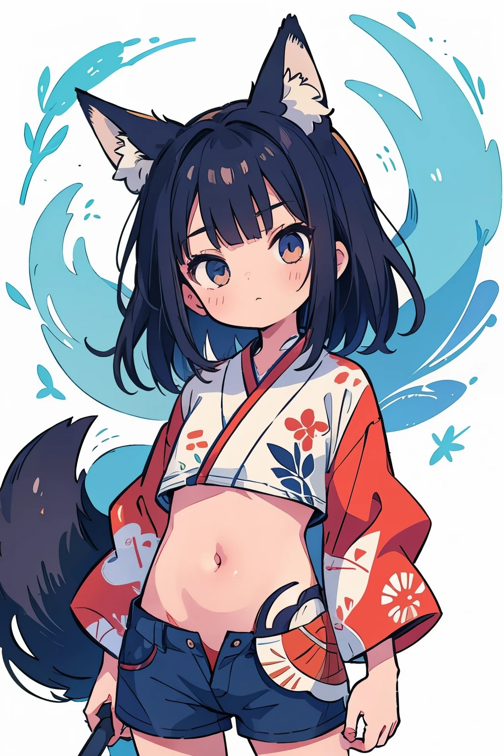 Teenage Girl、(child:1.1)、belly button、(stomach:1.3)、cool、Shorts、Serious expression、strong、(Closed Mouth:1.1)、kimono、Fox ears、Miko costume
