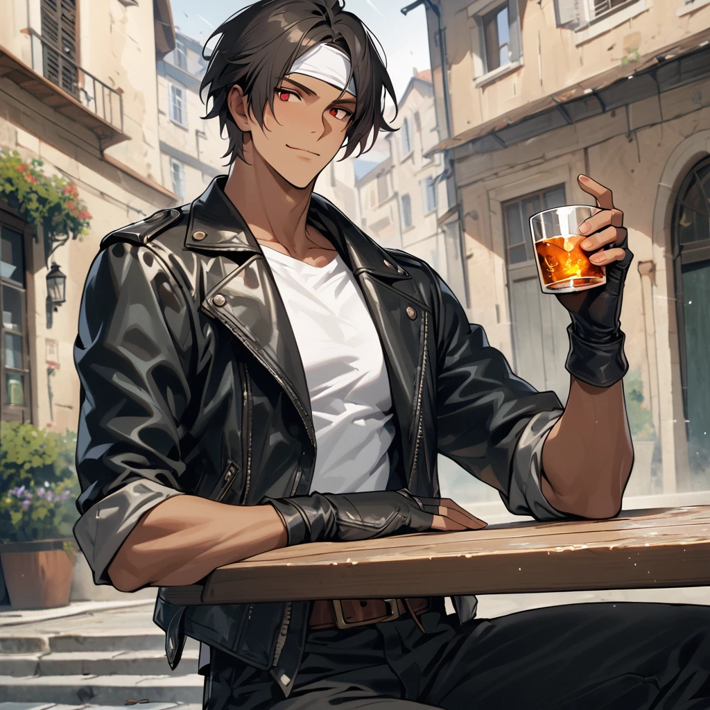 Orochiquillo, dark skin, alone, man, red eyes, ((rolled up black leather jacket)), fingerless gloves, black hair, white t-shirt, ((white bowl headband)), black long pants, white shoes, brown belt, handsome, shot, charming, masterpiece, high resolution, fine face, fine grain, day, rainy sky, confident Smile, full, with lover, Promenade des Anglais, dining on terrace, drinking brandy in rocks glass, rain, France, palms facing up, anxious, sitting cross legged