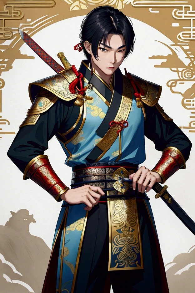 man,Chinese Warrior,holding a sword,handsome ,stand,ใส่รองเท้าChinese Warrior