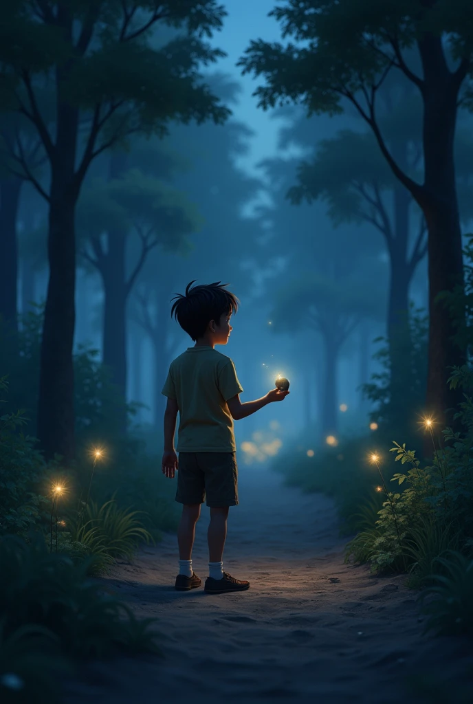 "As the night grows late, Oliver stands back on the familiar forest path, holding the now ordinary pebble in his hand. The forest is quiet, with a few glowing fireflies lighting the way. Oliver looks back towards the trees, with a peaceful smile, knowing the magic of the kingdom will always be in his heart."