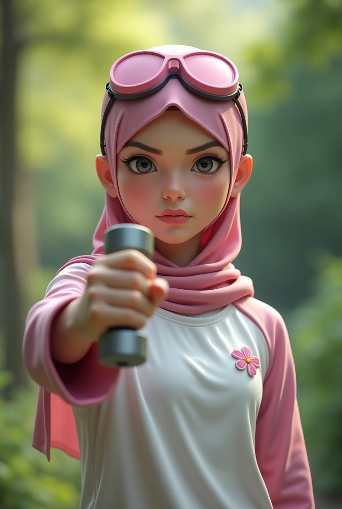 Asia girla realistic masterpiece. Human . 1girl wearing a hijab, detailed beautiful face, Hijab Muslim. Wear long sleeve moder design white pink stripe white, minimalist flower on shirt. . Wear pink white.small Safety Pink google spectacle top of the head rubber band. . Jump on and have a super strong power. One hand lifting the 50kg dumbbell. Bokeh background. At the garden. Fight pose. Anger face. , detailed lips, long eyelashes. Hero, modest expression, delicate facial features, natural skin tones, hijab covering head and neck, detailed folds and textures of hijab, natural lighting, high quality, photorealistic, 8k, best quality. Malaysia girl. Mira filzah