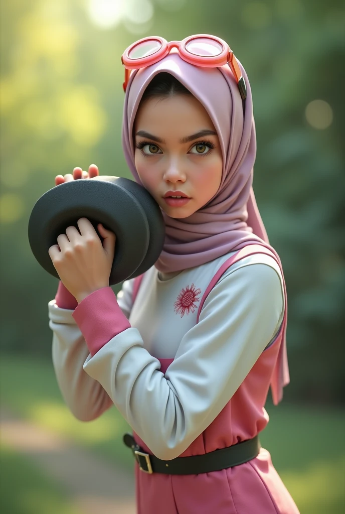 Asia girla realistic masterpiece. Human . 1girl wearing a hijab, detailed beautiful face, Hijab Muslim. Wear long sleeve moder design white pink stripe white, minimalist flower on shirt. . Wear pink white.small Safety Pink google spectacle top of the head rubber band. Age 15 year old. Jump on and have a super strong power. One hand lifting the 50kg dumbbell. Bokeh background. At the garden. Fight pose. Anger face. , detailed lips, long eyelashes. Hero, modest expression, delicate facial features, natural skin tones, hijab covering head and neck, detailed folds and textures of hijab, natural lighting, high quality, photorealistic, 8k, best quality. Malaysia girl. Mira filzah