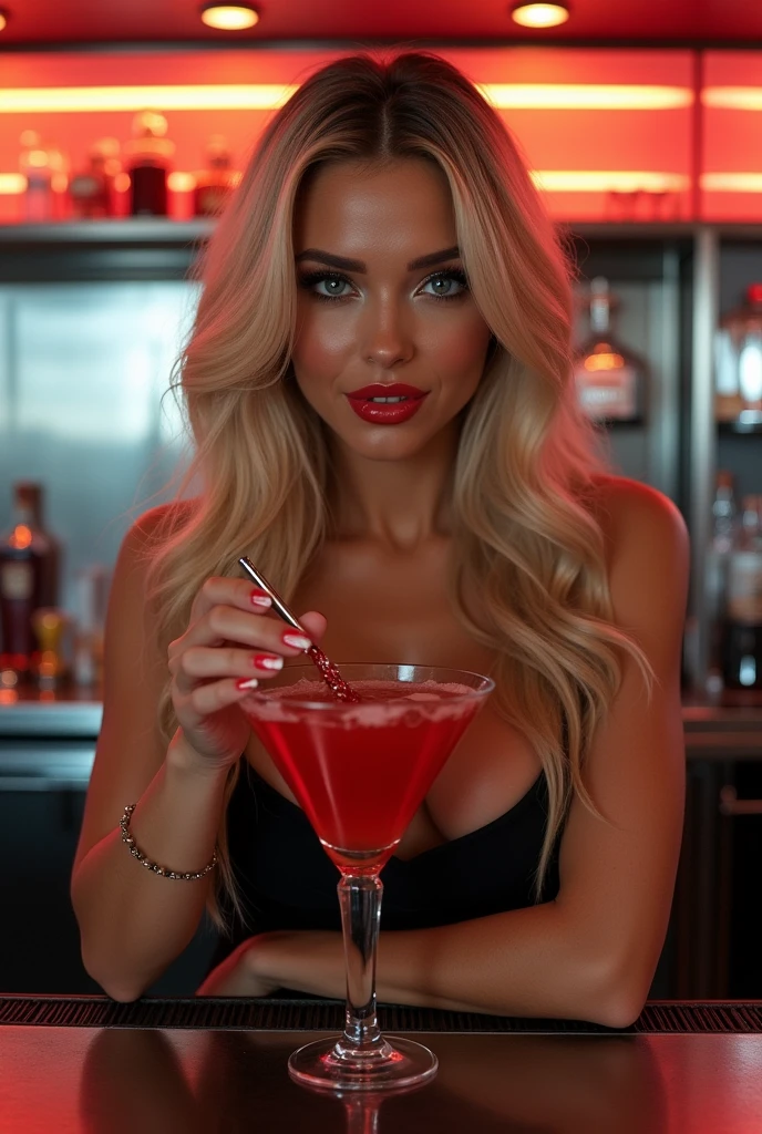 ultra realistic, photography, with long blonde hair, (wavy elegant hair, blue eyes, perfect round lips, 30 years old, gorgeous face, voluptuous figure, perfect fit body, big enhanced ???????), red lips, Long eye lashes, Award Winning Glamour Photograph extremely detailed award winning glamour photograph, front lit, HDR, she is a female barkeeper mixing a drink at a futuristic coyote ugly style bar