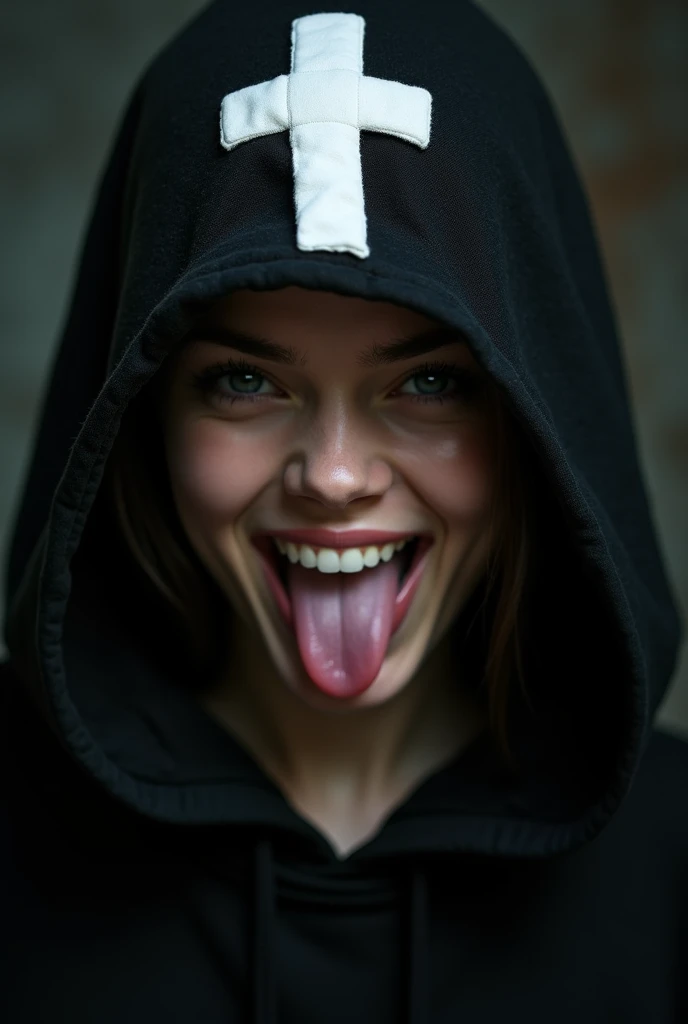 Close-up portrait of a young woman with a rebellious and defiant expression. His face is in the foreground, softly and dimly lit, highlighting her light skin. He wears a black hood that covers most of his head., leaving only his mouth and tongue visible. About the hood, A white cross stands out at the top, contrasting with the dark fabric. the woman has her mouth open, showing a wide, provocative smile while sticking her tongue out, creating a bold and defiant effect. The light is subtle, with soft shadows that add a dramatic touch to the face and hood. The style is hyperrealistic, capturing the details of the fabric texture, Shiny teeth and wet tongue