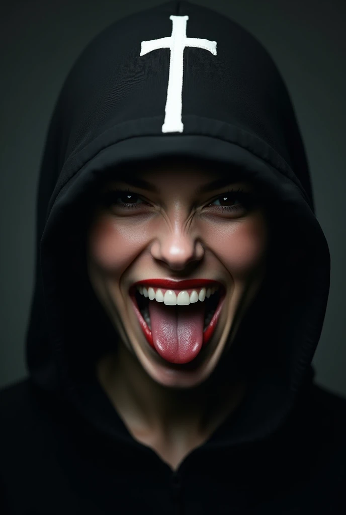 Close-up portrait of a young woman with a rebellious and defiant expression. His face is in the foreground, softly and dimly lit, highlighting her light skin. He wears a black hood that covers most of his head., leaving only his mouth and tongue visible. About the hood, A white cross stands out at the top, contrasting with the dark fabric. the woman has her mouth open, showing a wide, provocative smile while sticking her tongue out, creating a bold and defiant effect. The light is subtle, with soft shadows that add a dramatic touch to the face and hood. The style is hyperrealistic, capturing the details of the fabric texture, Shiny teeth and wet tongue