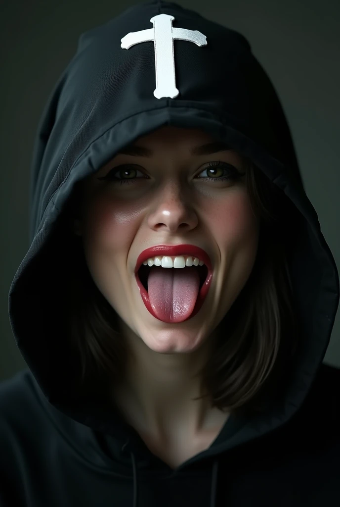 Close-up portrait of a young woman with a rebellious and defiant expression. His face is in the foreground, softly and dimly lit, highlighting her light skin. He wears a black hood that covers most of his head., leaving only his mouth and tongue visible. About the hood, A white cross stands out at the top, contrasting with the dark fabric. the woman has her mouth open, showing a wide, provocative smile while sticking her tongue out, creating a bold and defiant effect. The light is subtle, with soft shadows that add a dramatic touch to the face and hood. The style is hyperrealistic, capturing the details of the fabric texture, Shiny teeth and wet tongue