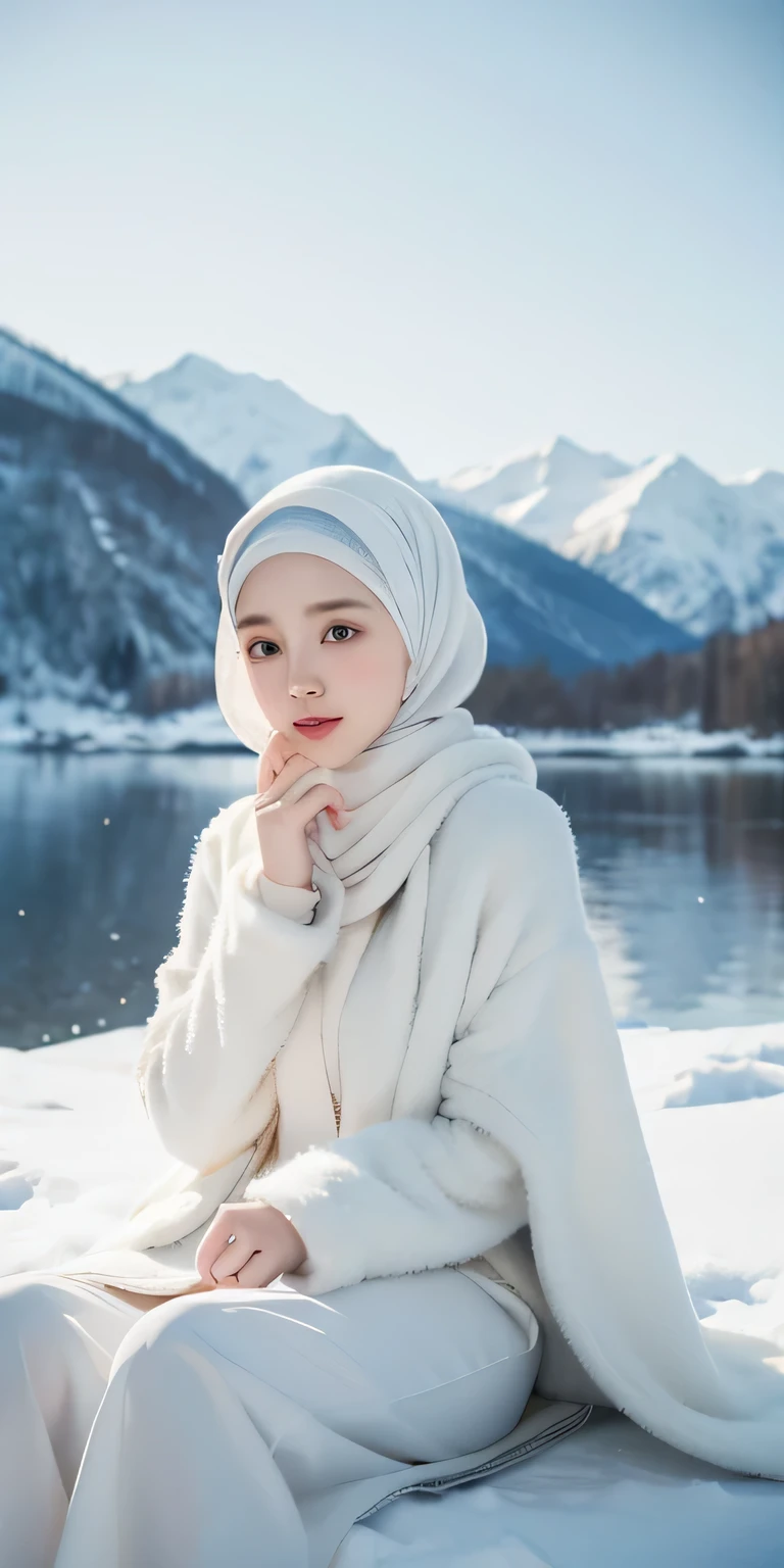 Wallpaper 8k, beautiful girl wearing hijab, naturally beautiful, pale white skin face, Korean girl hijab, wonderful hijab, elegant clothing, opening jacket, playing in the snow, siting on snow