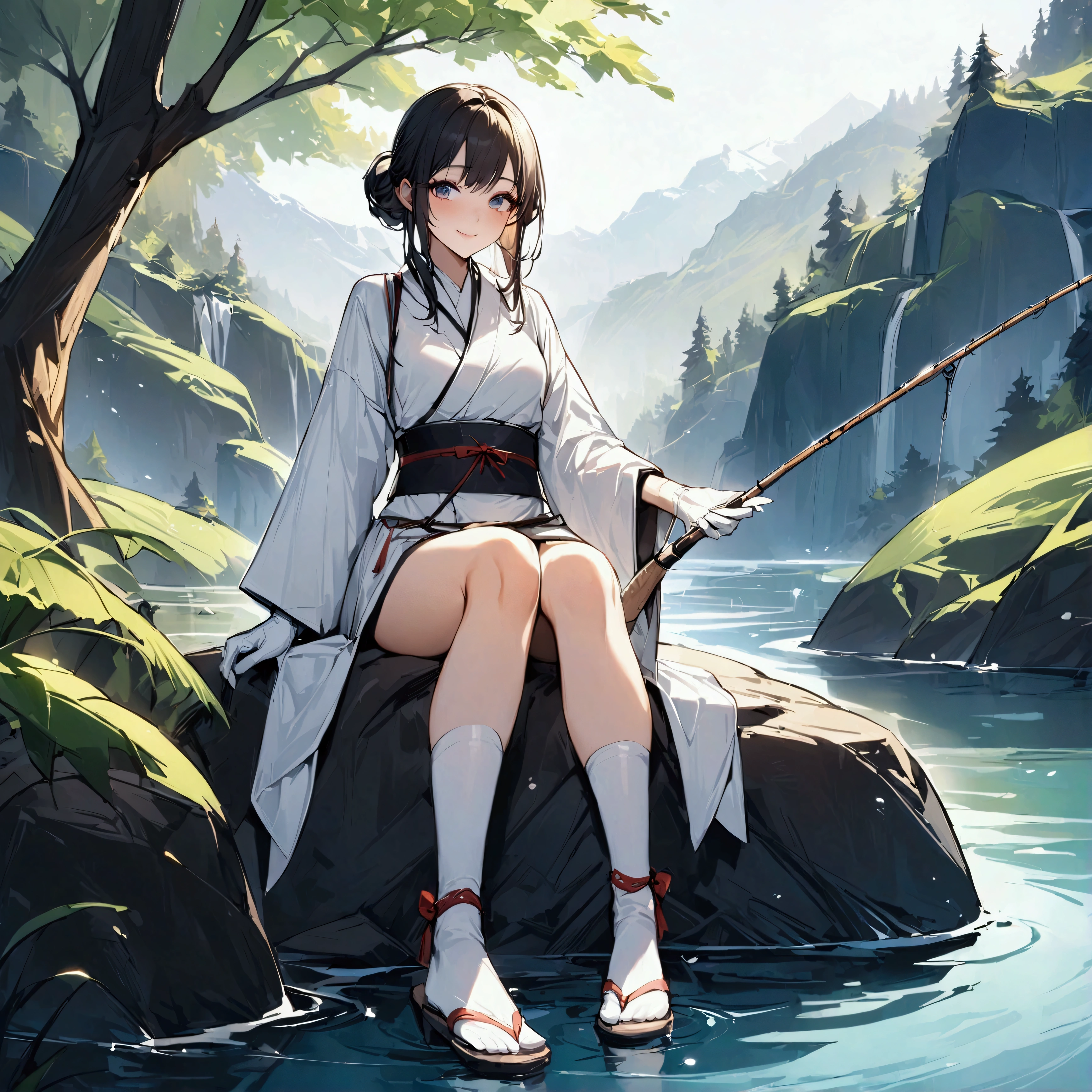 {{masterpiece}}, {{{Highest quality}}},{{Very detailed}},Woman sitting on a rock and fishing,A young Chinese-looking female hermit fishing deep in the mountains,White attire, miniskirt,WHITE glove,carefree expression,Chinese sandals,white socks,{{beautiful eyes ,high definition eyes,beautiful eyes}},Thick Kimono Belt,smile kindly