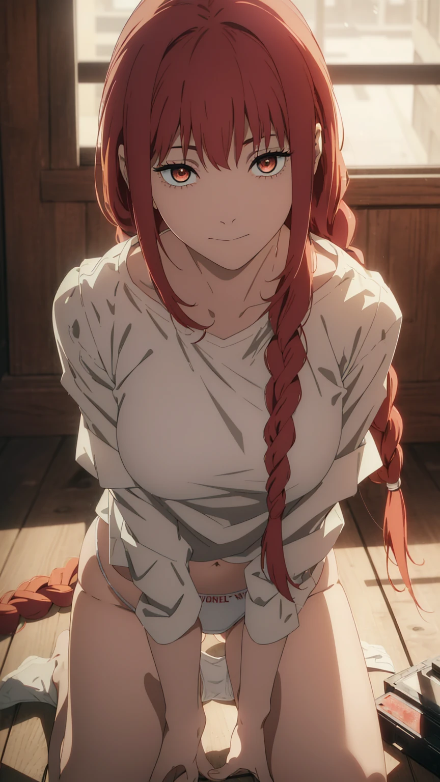 masterpiece,best quality, official art, extremely detailed CG unity 8k wallpaper, ((top quality, 8k, masterpiece: 1.3, ultra hd, high quality, best quality, high definition, ((realism)), sharp focus: 1.5,（Very detailed CG unity 8K wallpaper), Dark Cinematic Lighting, cinematic lighting, makima \(Chainsaw Man\), close up, looking at viewer, ((fulopen white panties)), Medium ?????? ,Red hair, Long braided red hair, , dark background, kneeling, The best quality,