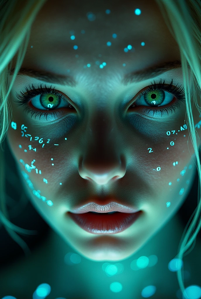 Close-up of woman's face, blond hair, ,green eyes, glowing blue holographic equations projected onto skin. Intense gaze, realistic features. Dark background, cyberpunk aesthetic. Luminous mathematical formulas, handwritten style. Futuristic, high-tech atmosphere. Photorealistic rendering, dramatic lighting, sharp contrast