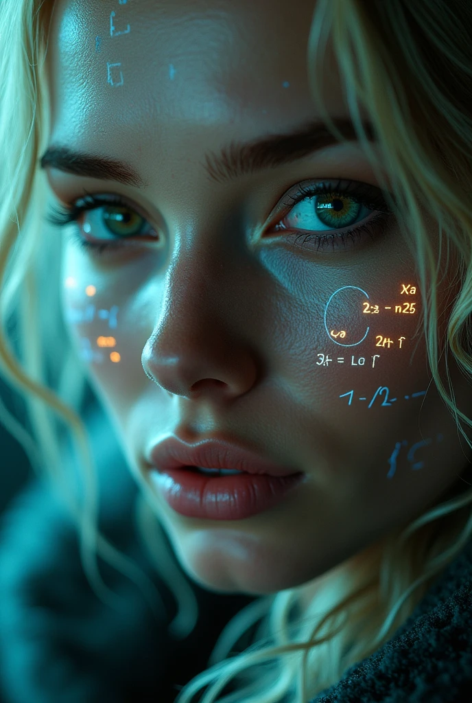 Close-up of woman's face, blond hair, ,green eyes, glowing blue holographic equations projected onto skin. Intense gaze, realistic features. Dark background, cyberpunk aesthetic. Luminous mathematical formulas, handwritten style. Futuristic, high-tech atmosphere. Photorealistic rendering, dramatic lighting, sharp contrast