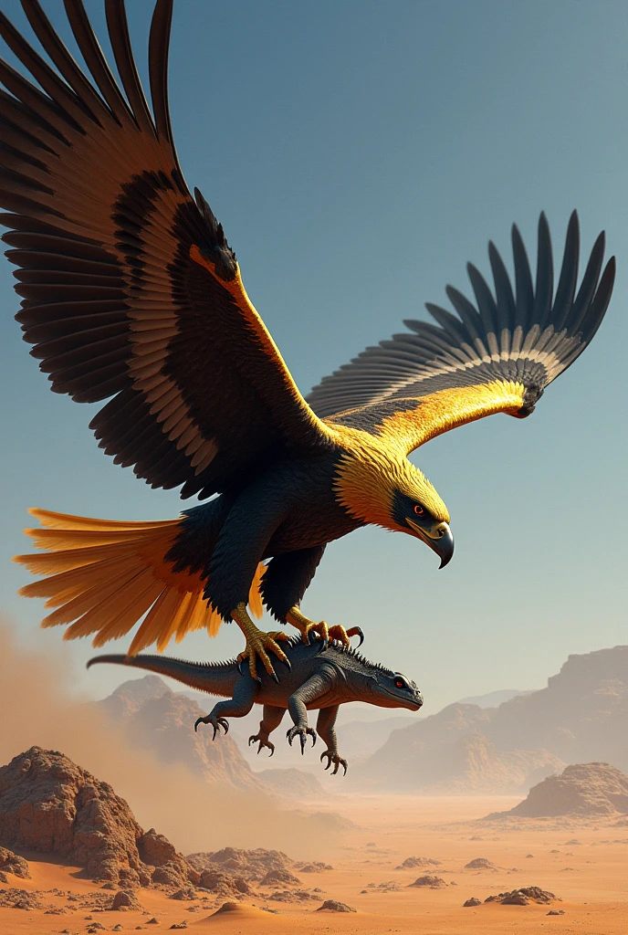 Generated an image of a giant black and white golden eagle, catching a big lizard in the desert