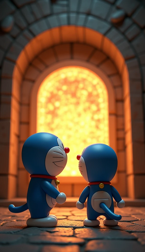 Doraemon stands in front of a secret room that has just been opened.. Inside is an ancient glowing object., in the middle of the room. The surrounding space is illuminated by strange light from the object, creating a mysterious and powerful scene. Close-up view of 3D image 