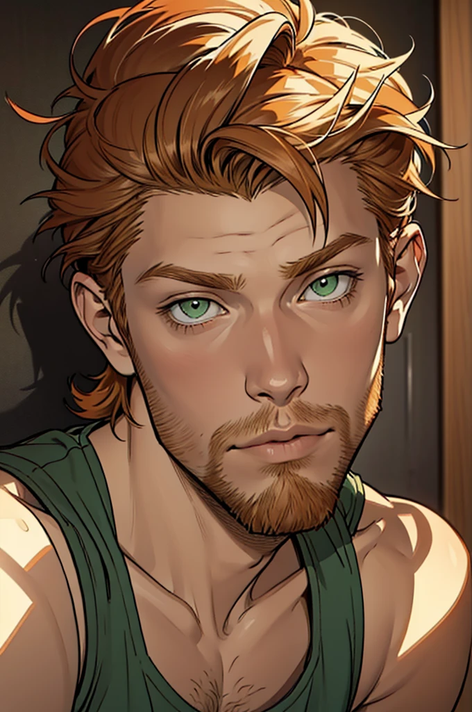 (masterpiece),(Very detailed),(Very detailed),(best quality), perfect lighting, Man,, ((short messy ginger hair)), tall, stunning, beautifull face, green eyes, tanktop, animated style, perfect face, highest detail, stubble, detailed face, intricate details, expresionless