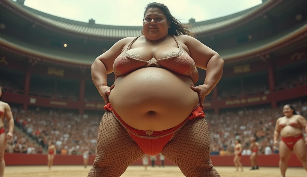 lambada, 2 Sexy 50 years old fat busty fishnet tights body builder biggest woman sumo wrestling oily woman ,full body