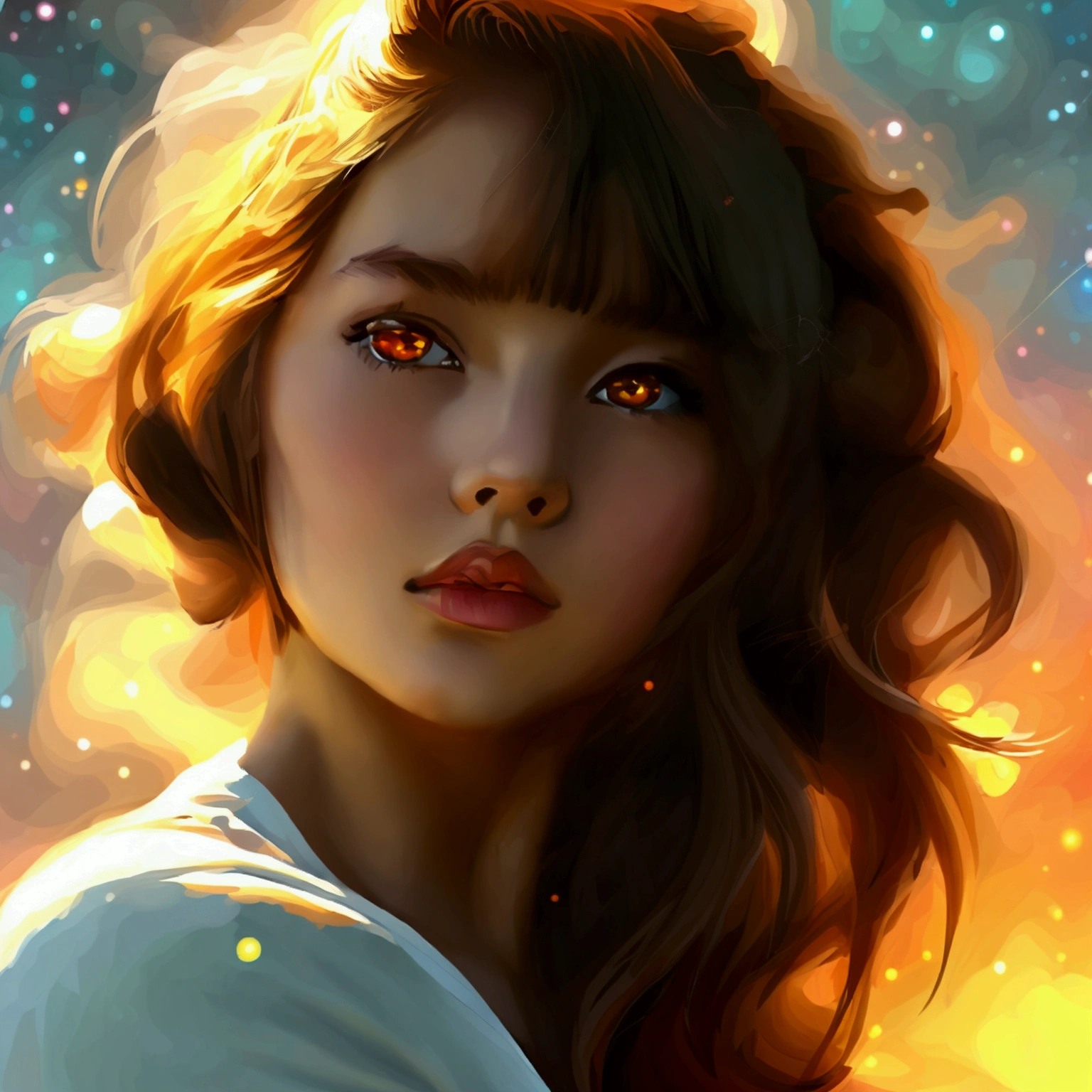 Girl, Brown hair, orange eyes, Crossed arms, in the middle of the cosmos, ((animated style)), White shirt, Soft colors, colorful background, cosmic background, soft strokes