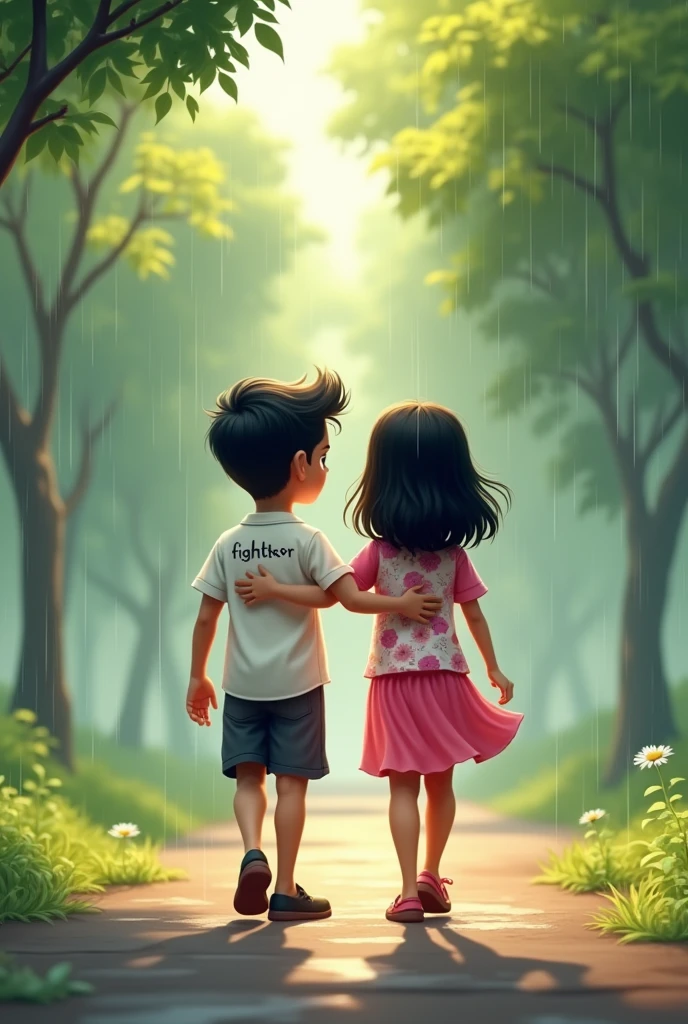 a Indian couples younger age under 10 age , walking in park , rain weather both hands in shoulder enjoying rain
the boy is wearing a white printed shirt , the girl with pink white mix printed shirt and without in shirt,stylish and boy name with "FIGHTER" small written on it's back , girl name with "SPANDANA" small written on it's back , in big and bold fonts, 3d illustration