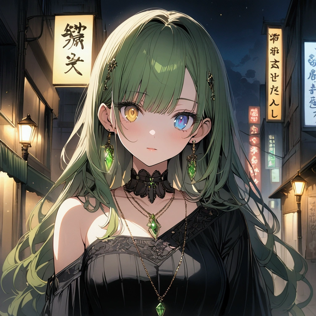 (((anime))) One woman,Gal,long hair,(Green Hair),Oblique bangs,Black headband earrings,necklace,(Green Gem),Collar with jewels,Gemstone light reflection cool,Look this way,Heterochromia iridis,Blue eyes,(Yellow Eyes),Big pupils One-shoulder dress,Volume sleeve,(black),Hisui's writing,Green Night,City of night,signboard,Street lamp light,Backlight,masterpiece,Highest quality,Exquisite,8k,Absurd,Ultra-fine illustrations,(View your viewers)