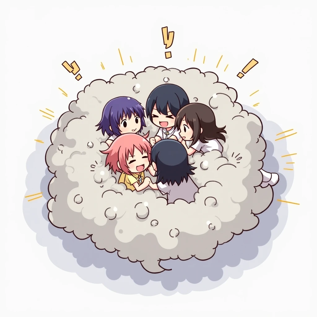 An anime-style illustration depicting girls and one boy playfully wrestling with each other inside a light gray comical fight cloud (dust cloud).
each girl has different colored hair. one boy with black short hair.
their faces,hands,and feet are visible emerging from the cloud as they tussle humorously, with the rest of their bodies completely hidden inside the cloud.
the illustration emphasizes the humorous and energetic nature of their scuffle,with a fluffy and exaggerated fight cloud.