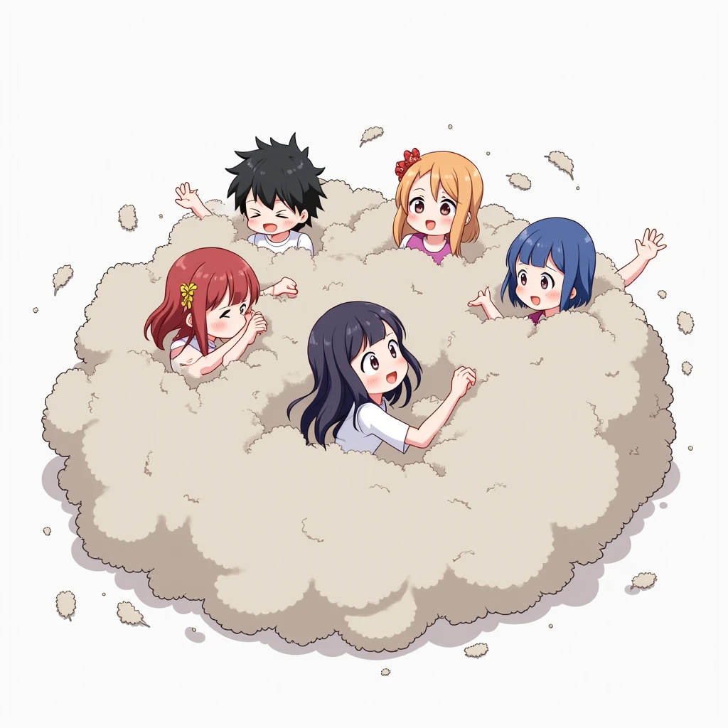 An anime-style illustration depicting girls and  one boy playfully wrestling with each other inside a light gray comical fight cloud (dust cloud).
each girl has different  colored hair. one boy with black short hair.
their faces,hands,and feet are visible emerging from the cloud as they tussle humorously,  with the rest of their bodies completely hidden inside the cloud.
the illustration emphasizes the humorous and energetic nature of their scuffle,with a fluffy  and exaggerated fight cloud.