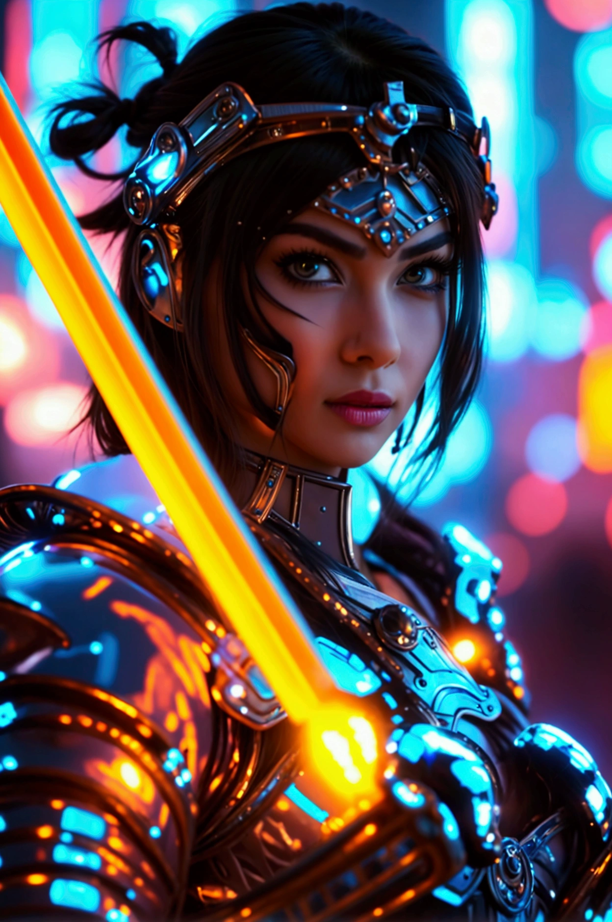 A fierce warrior princess in a neon-lit cyberpunk city, wielding a glowing energy sword. Her armor is a mix of traditional regal attire and futuristic tech, with holographic patterns and augmented reality displays surrounding her.