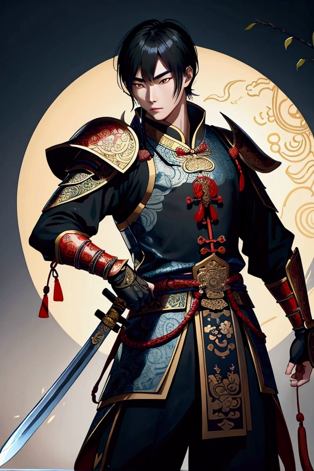 man,Chinese Warrior,holding a sword,handsome ,stand,ใส่รองเท้าChinese Warrior