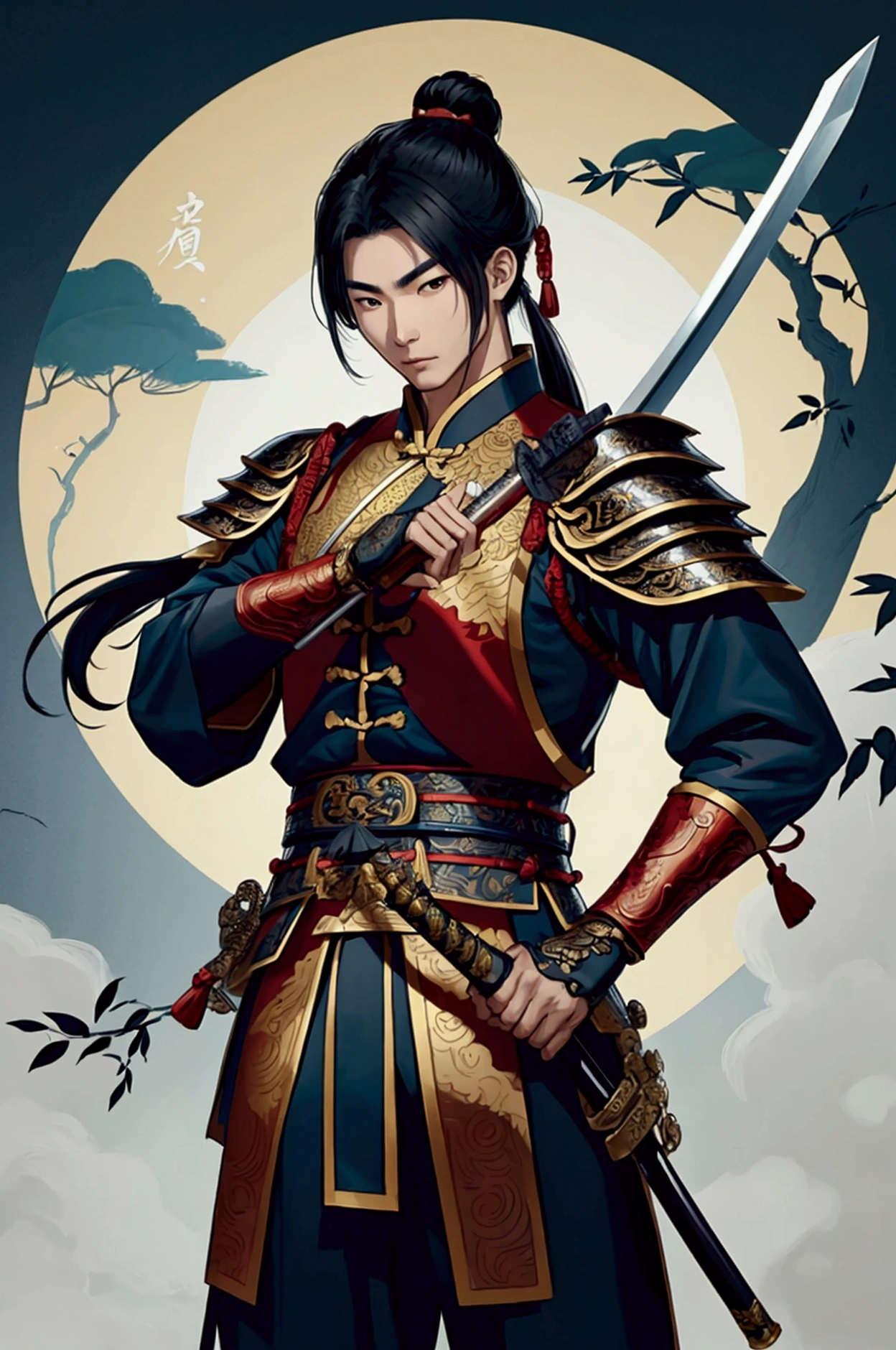 man,Chinese Warrior,holding a sword,handsome ,stand,ใส่รองเท้าChinese Warrior