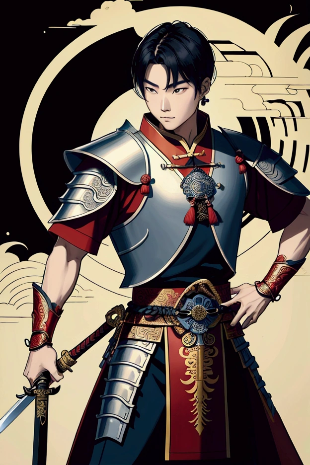 man,Chinese Warrior,holding a sword,handsome ,stand,ใส่รองเท้าChinese Warrior