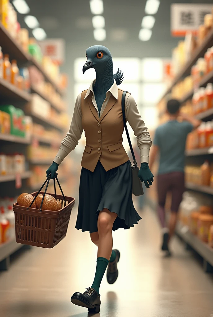 A gray female pigeon wearing an off-white collared short-sleeved shirt, a light brown vest, a knee-length black skirt, dark green socks and black shoes.、Running through a supermarket with a shopping basket、A muscular grey female pigeon that looks like a bodybuilder
