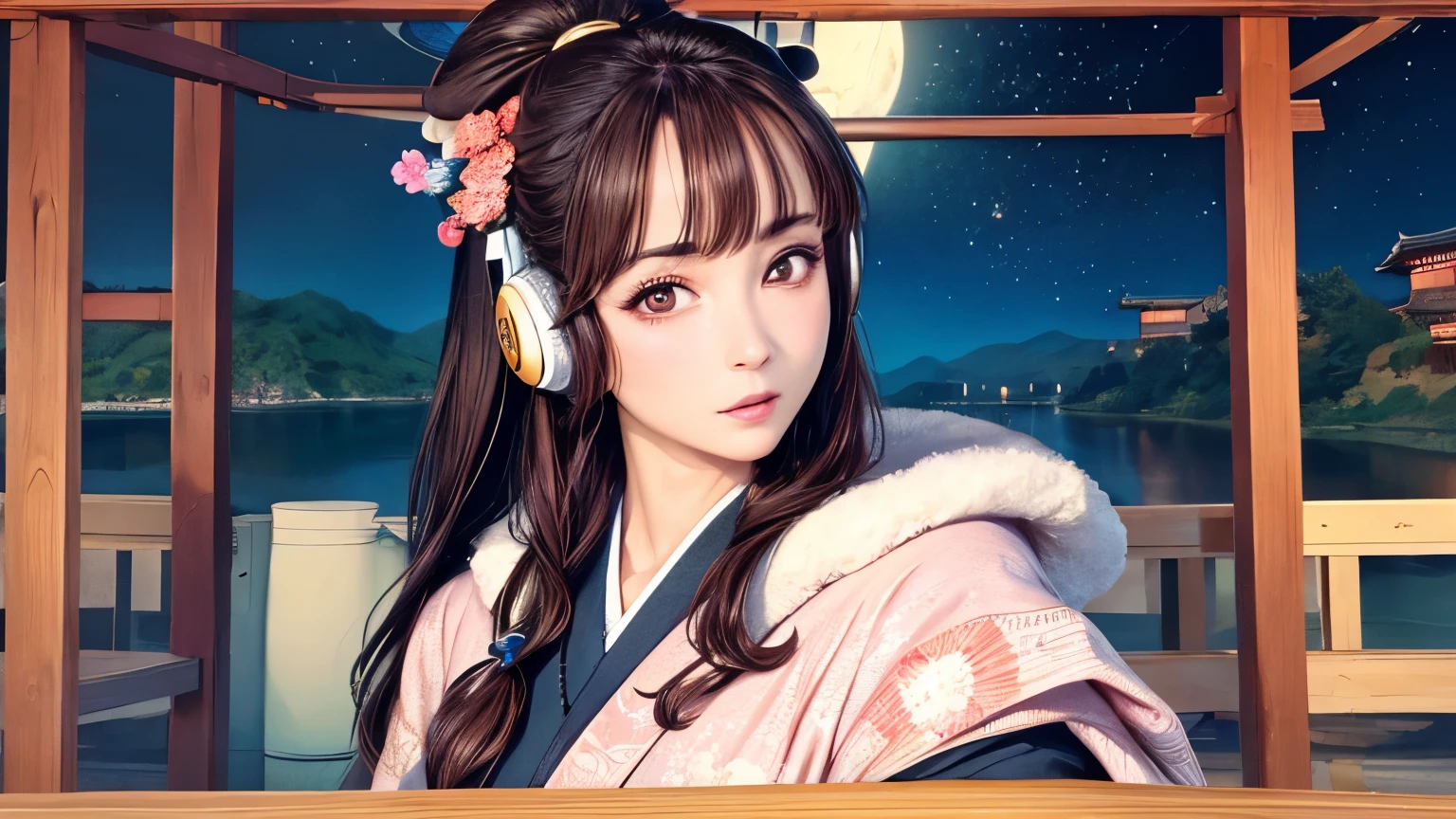(Highest quality, 8k, masterpiece, High resolution), (whole body), Vibrant colors, ((headphones)), Brown-black bob, Traditional topknot, Ample breasts, (Highly detailed face and eyes, Beautiful Face, Beautiful Eyes, Beautiful nose, Pretty lips), Official Art, Ukiyo-e style, (Beautiful woman in kimono), (Vivid floral patterned kimono), background, river, bridge, Mountain, wood, Starry Sky, moon, Detailed CG,