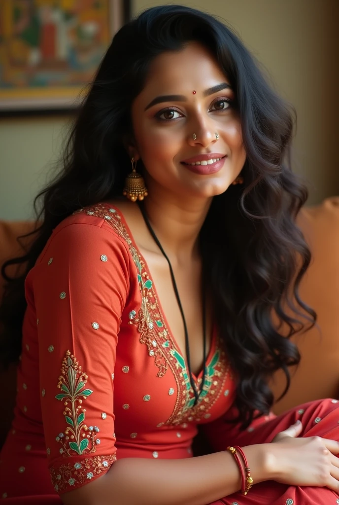 Beautiful girl with wavy long hair, Raasi mantra face not matching,raasi hour glass type personality and Raasi Telugu actress sitting on sofa and wishing fans. Removed her top