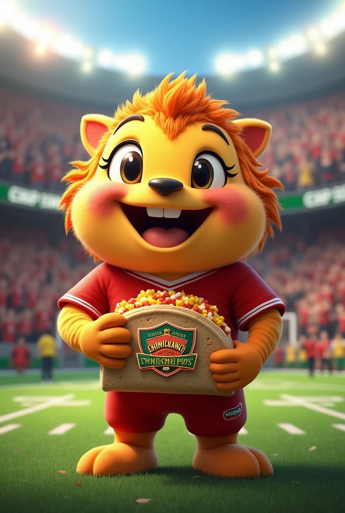 A chimichanga burrito as a disney character holding a burrito with a logo saying chimichanga champions. football themed, something I can use as a profile picture
