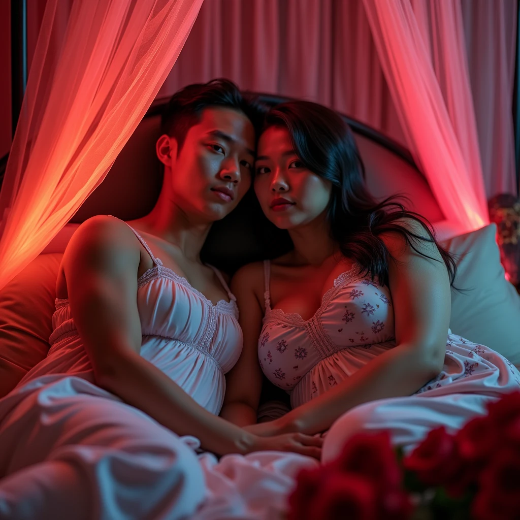 Indonesian couple. The man is a normal body wearing simple pajamas. With The woman is a little chubby and huge breasted, wearing sleeveless knee-nght nightgown. The luxurious bedroom is decorated with red roses and a mosquito net with RGB neon backlight as a background detail, lying on the pillow while hugging. Look at the viewer, natural light, realistic photography, wide angle shot from top.