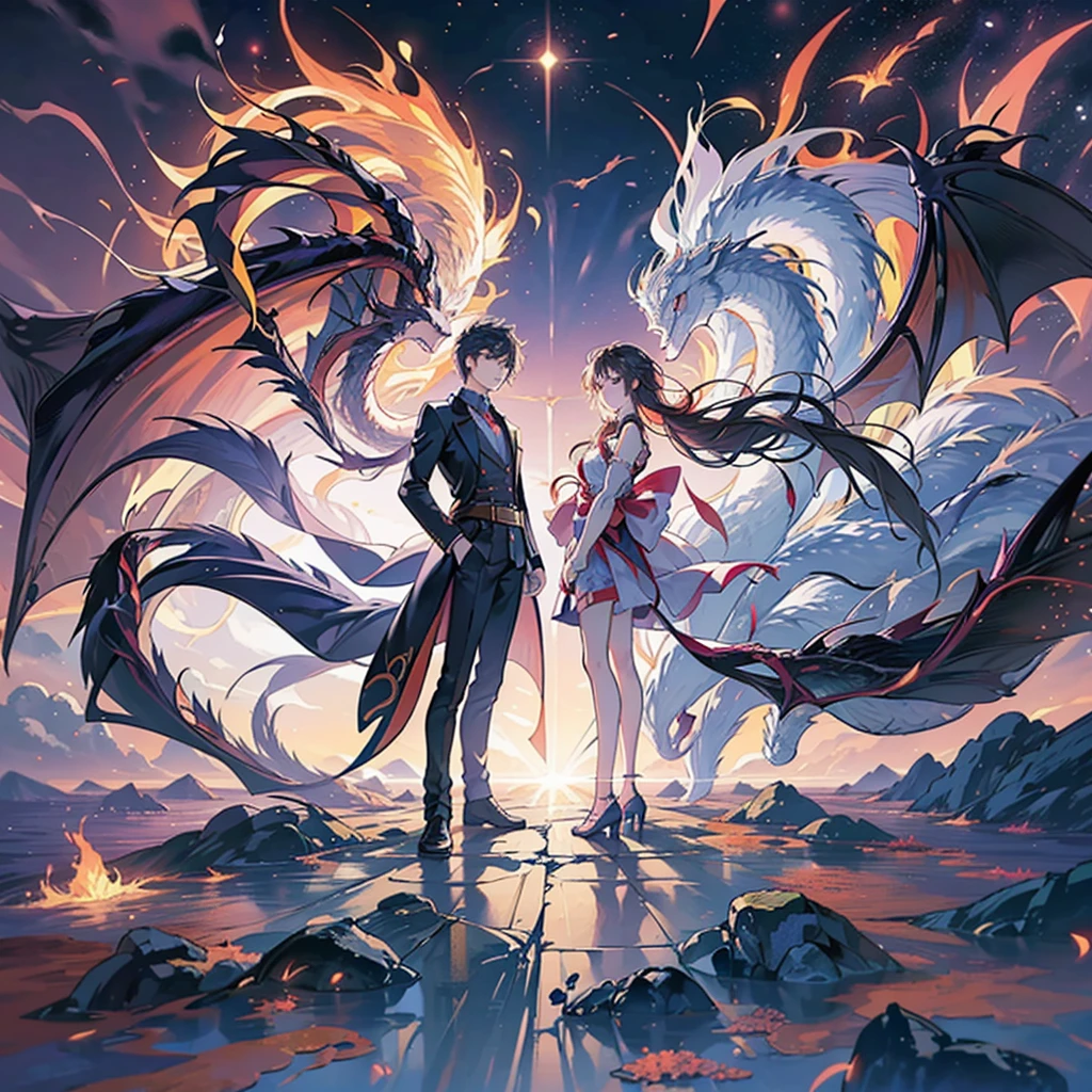 An 18-year-old handsome man and an 18-year-old beauty stand in front of two glowing dragons and glowing phoenixes. The lighting effects are very high. The 2D picture has clear lines, rich colors, supernatural game CG fantasy, the surrounding power, the surrounding energy, the picture is clear and vivid.