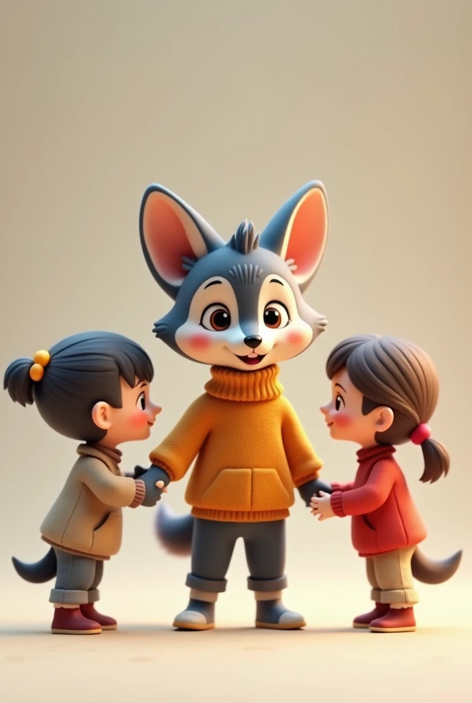 Cartoon of a wolf cub in clothes, with 3d human children, no back ground