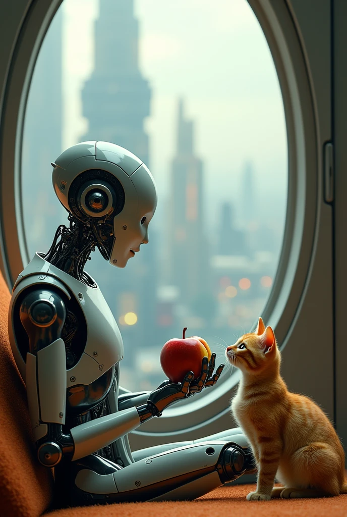 2079,A robot holding a bitten apple,Thoughtful,A small orange cat squatted quietly at my feet,Outside the window is a vast space immigrant city,Surrealism,Long shot,Low angle shot,Upward Shot,Strong sense of art,Movie Lighting,Delicate matte、Dark、Fantasy、Intricate details、Startup Screen、Complementary colors、Fantasy概念艺术、8k resolution is popular on Artstation Unreal Engine 5,Complex 3D rendering,150mm lens,