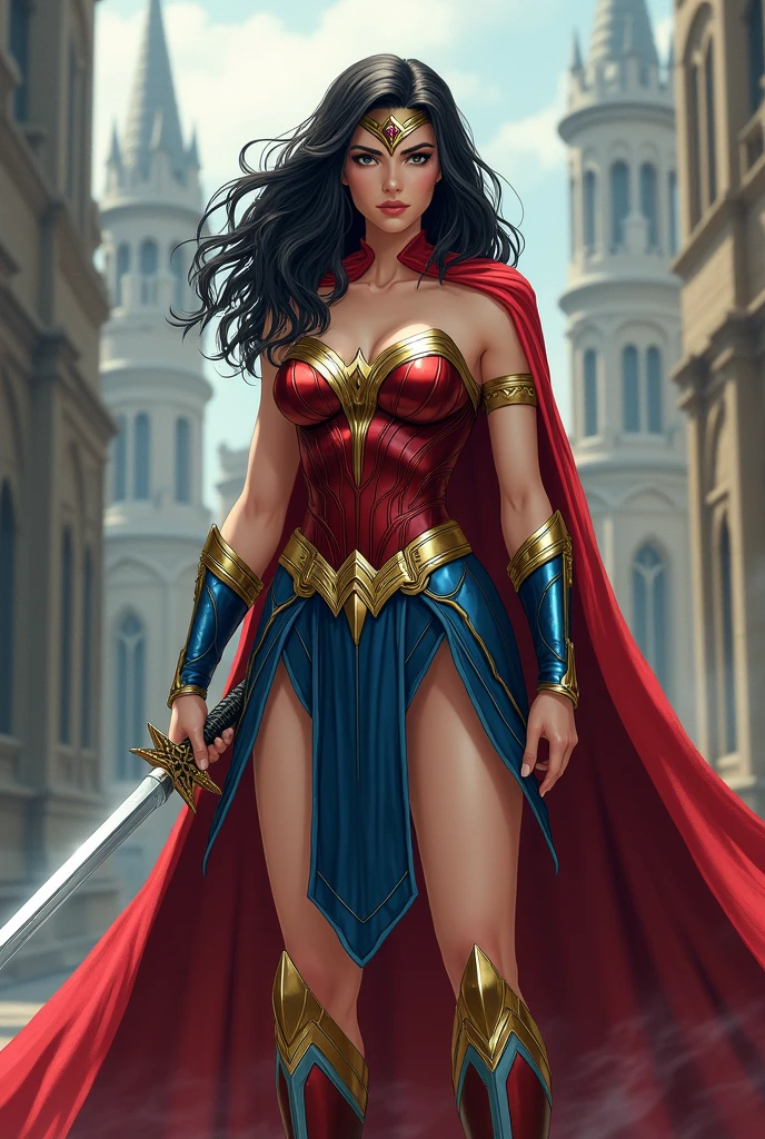 Diana Price (wonderwomam) with a medieval clothing different from his usual clothing with anime sword