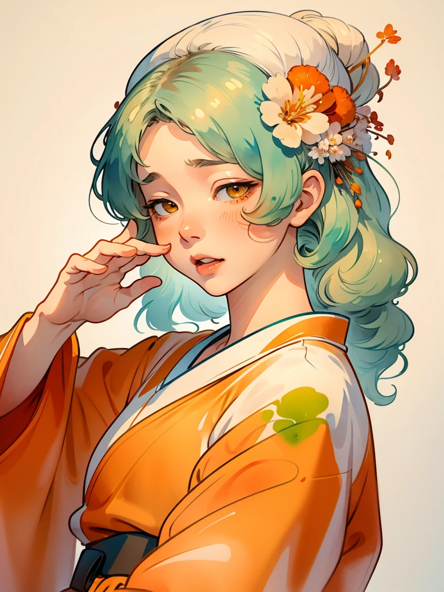 8ｋ　Highest quality　Highest quality　High resolution　flower々A woman wearing a decorated kimono　Mainly facial depictions　Women feel moist and wet　soft, Gentle smile　pale colour　Soft ink painting　Fantasy　Smooth, Thin ink lines　Gentle and delicate contours　Orange and pale yellow hues　No text in the background　No text The woman is wet and moist