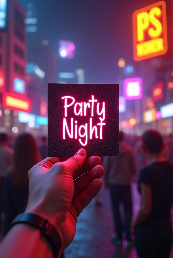Create a hand of a person (in first person) with a tag that says you are invited to &#39;Party Night&#39; 

