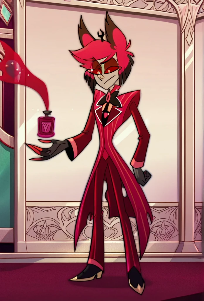 alastor, solo, 1boy, standing, grey skin, red suit, monocle,. BREAK score_9, score_8_up, score_7_up, score_6_up, (((screencap))), full body,   dark magic, voodoo symbols 