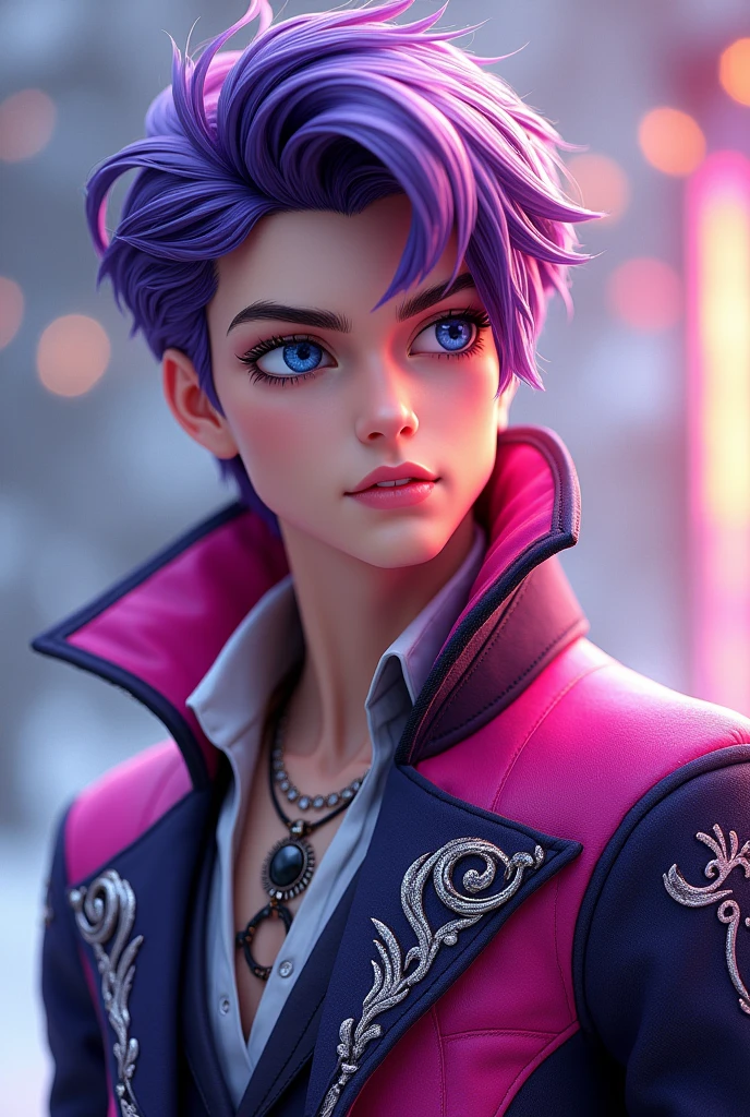 Imagem do filho da Duquesa Swan com a Poppy O'Hair de Ever After High: A sexy teenage boy, with purple hair with white, blue colored eyes, Caucasian skin, dark purple and pink outfit with swan elements on silver colored outfit