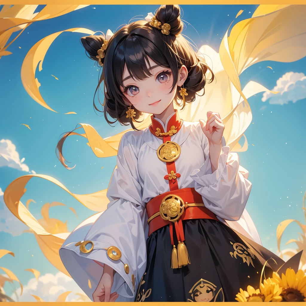A chibi child girl had a small face and Wearing a white little Taoist priest's outfit. A pair of big round eyes shone with curiosity about him. This child was so cute!, Burning joss paper and gold paper for the departed spirits, her hair is black with two buns on her hair.small chibi, chibi baby, smiling.The little chibi baby looked up with his chest raised, and his face was old and proud.
Standing in the midst of a field of bright yellow gold fields.