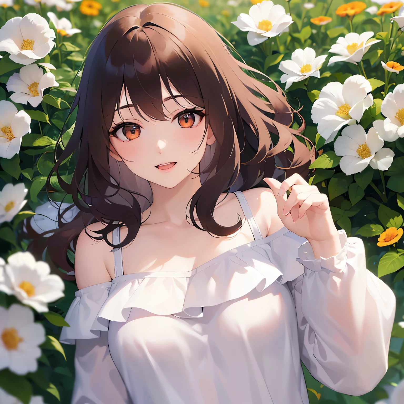 （looking at viewer:1.5）Upper Body, 
Realistic, real person, (pale skin: 1.2), RAW photo, photorealistic, shiny skin, shiny hair、(A 25-year-old woman with medium-length hair and bangs) and (wavy hair) and (brown hair) and (orange eyes) ,
(white) and (off shoulder blouse),
blush,smile,open mouth,Flower Field、（alone:1.5）