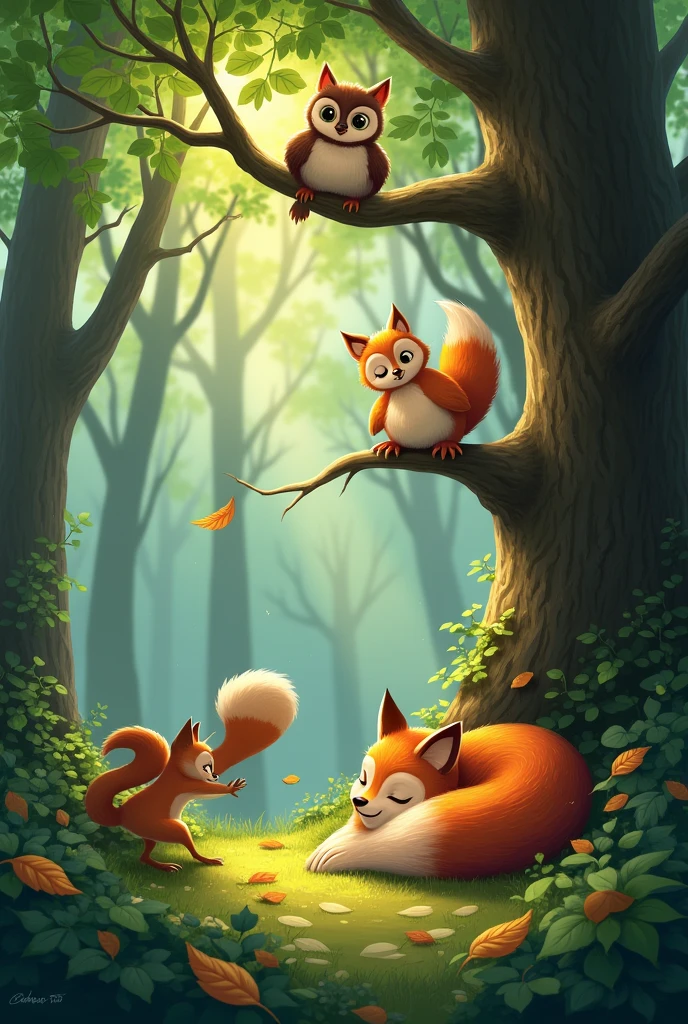 Generated image in forest theme with a squirrel, owl, sleeping fox.